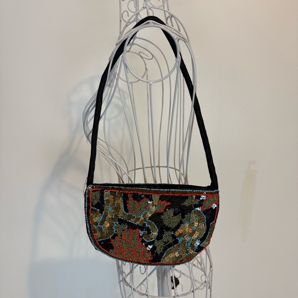 Vintage half moon shoulder bag Cristal embellished fabric with zip black gold - Picture 1 of 7